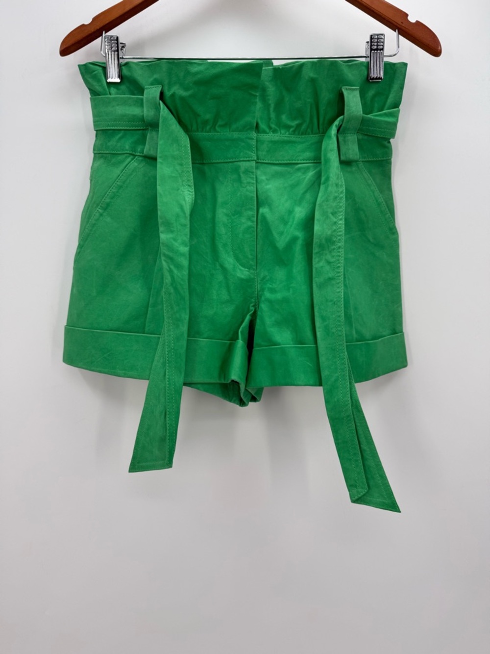 Diane Von Furstenberg Emerald Green High-Waisted Leather Shorts with Tie Belt - Picture 3 of 14